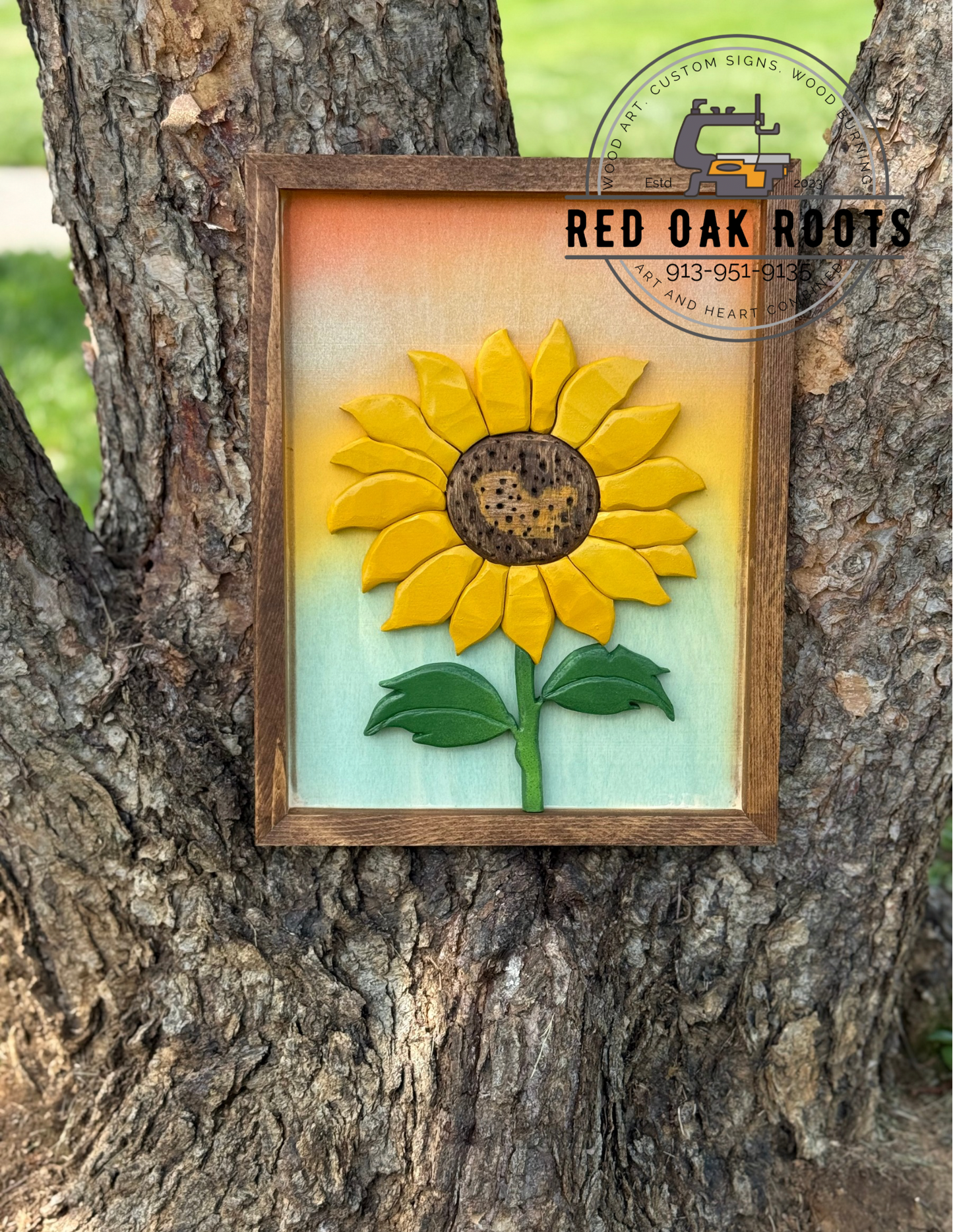 Ombré Sky intarsia wood sunflower 11x14