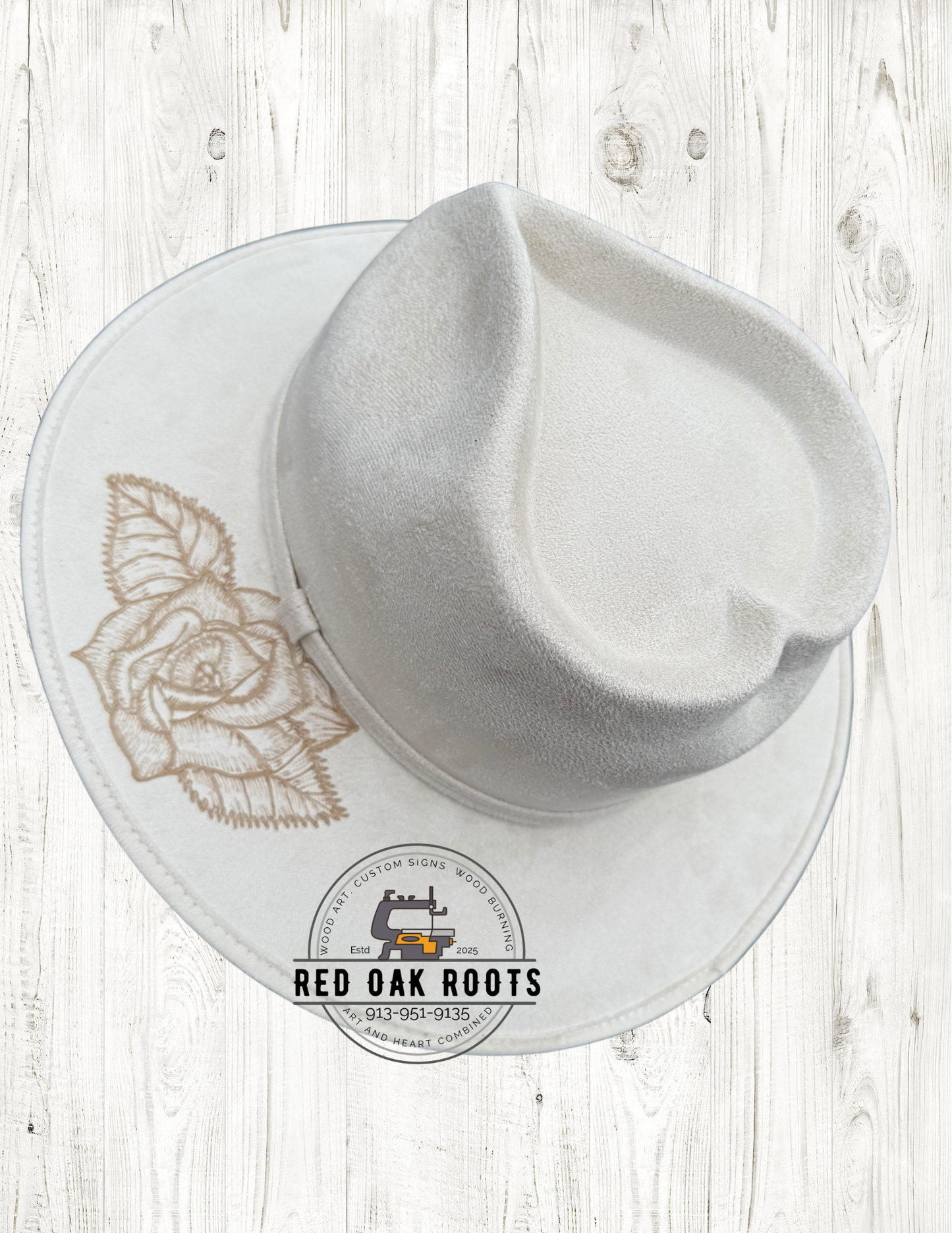 Elegant rose hand-burned, heart crown, wide brim fedora
