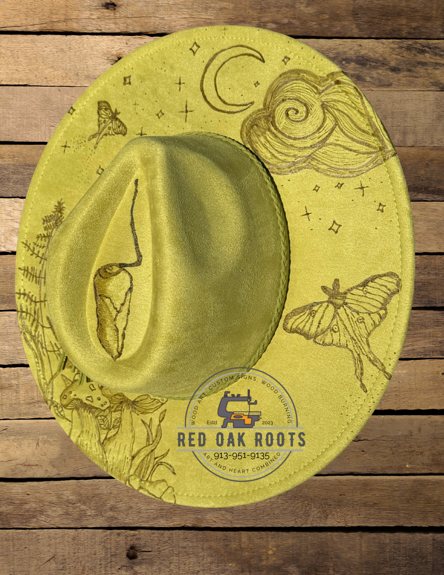 Lunar Moth burned wide-brim Fedora