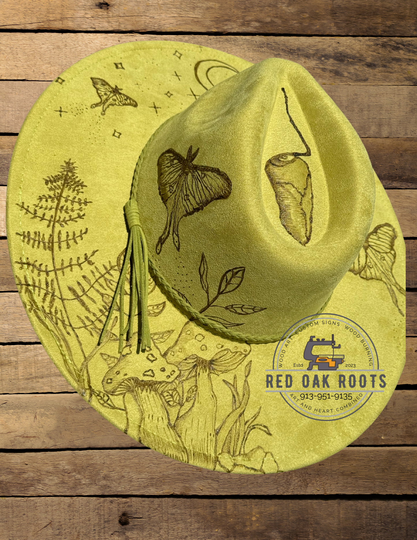 Lunar Moth burned wide-brim Fedora