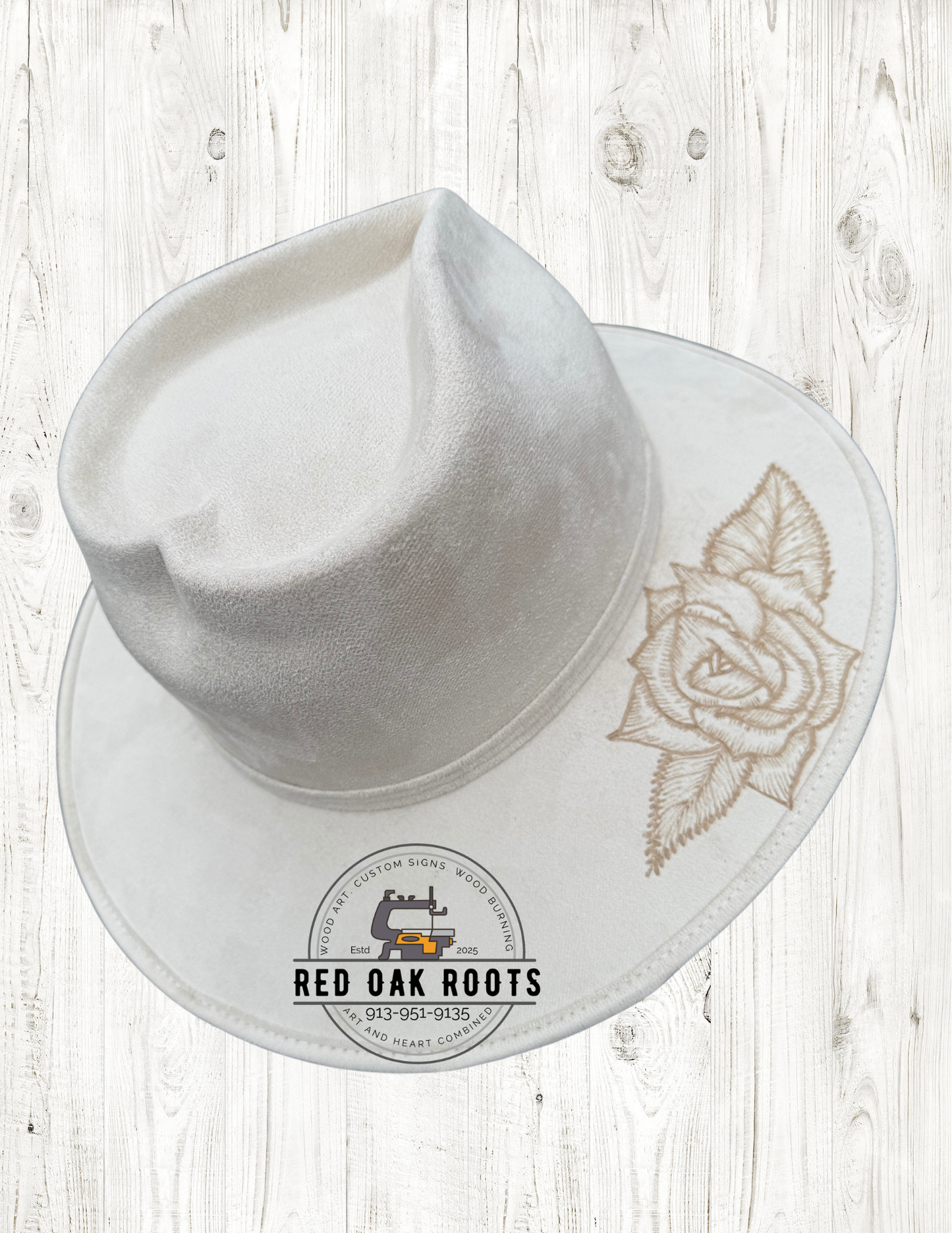 Elegant rose hand-burned, heart crown, wide brim fedora