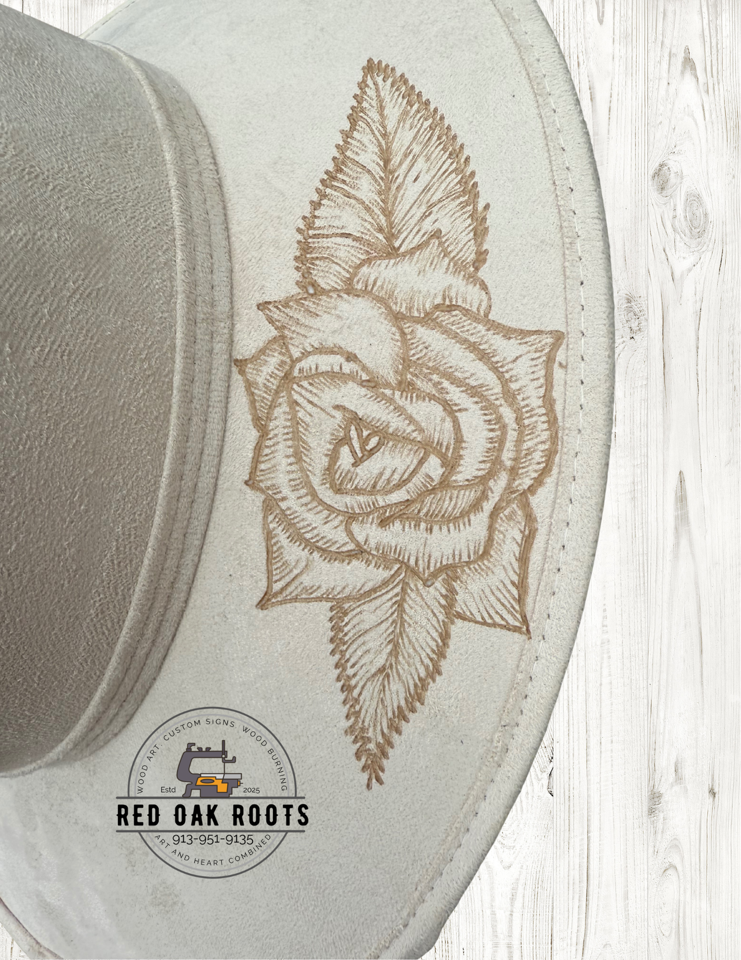 Elegant rose hand-burned, heart crown, wide brim fedora