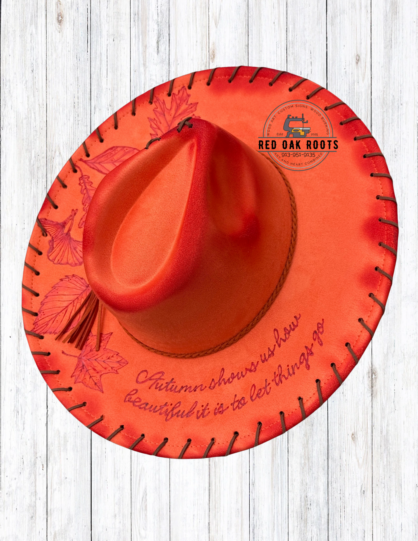 “Autumn Let-Go” Hand-Burned Wide Brim Fedora