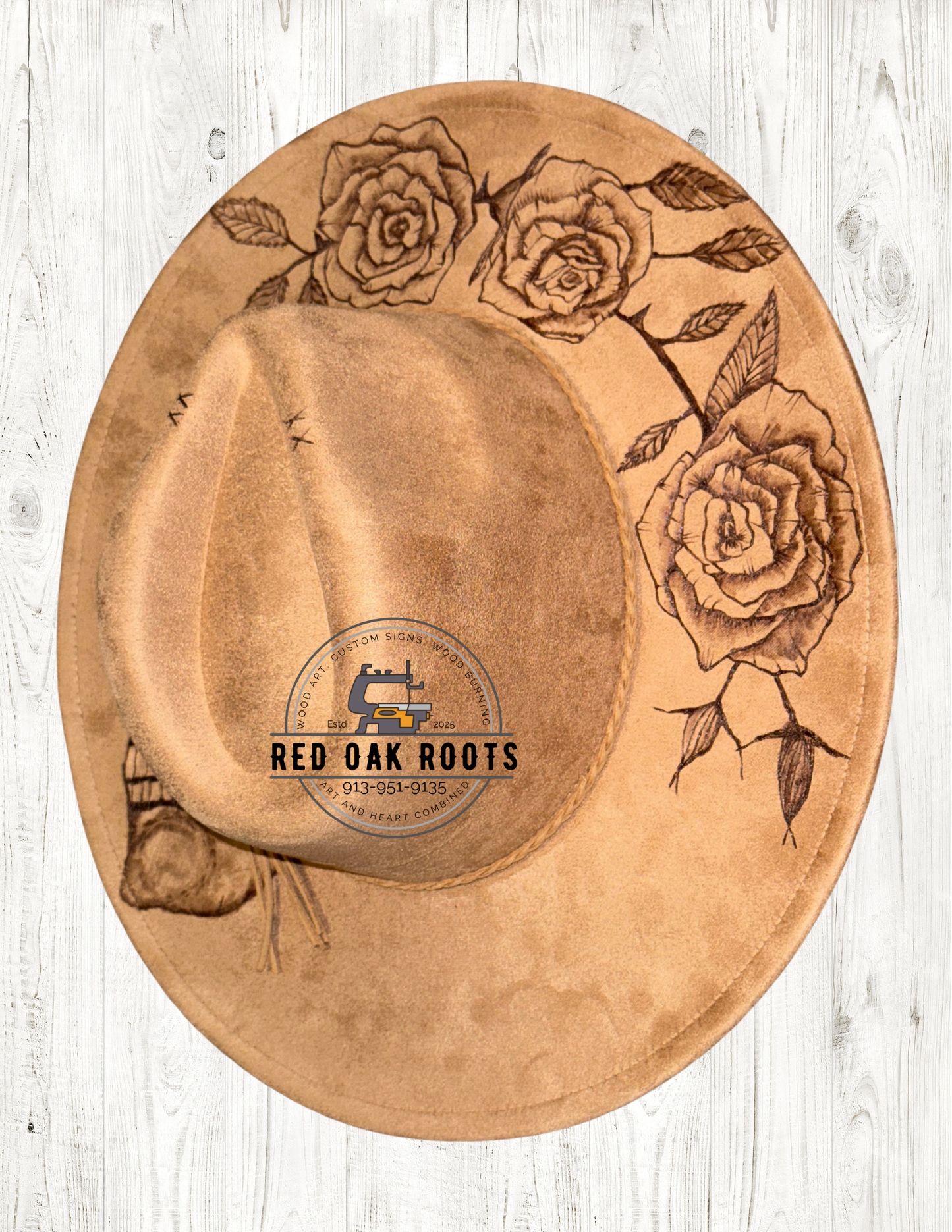 Skull and Roses hand-burned, wide brim fedora