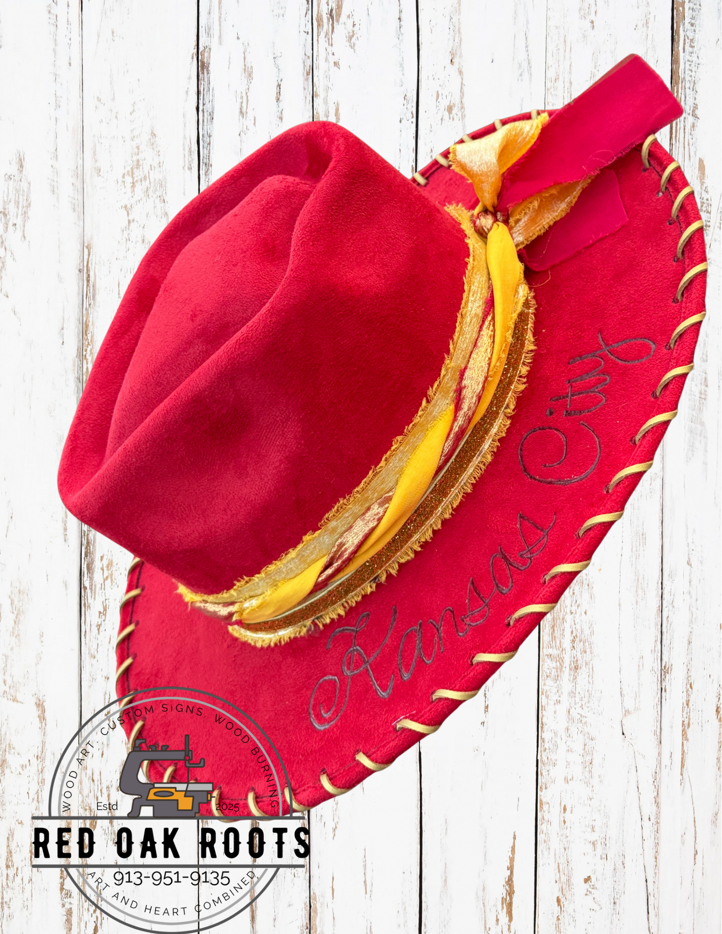 Kansas City Chiefs hand-burned, arrowhead crown, wide brim fedora – Red Oak Roots Exclusive
