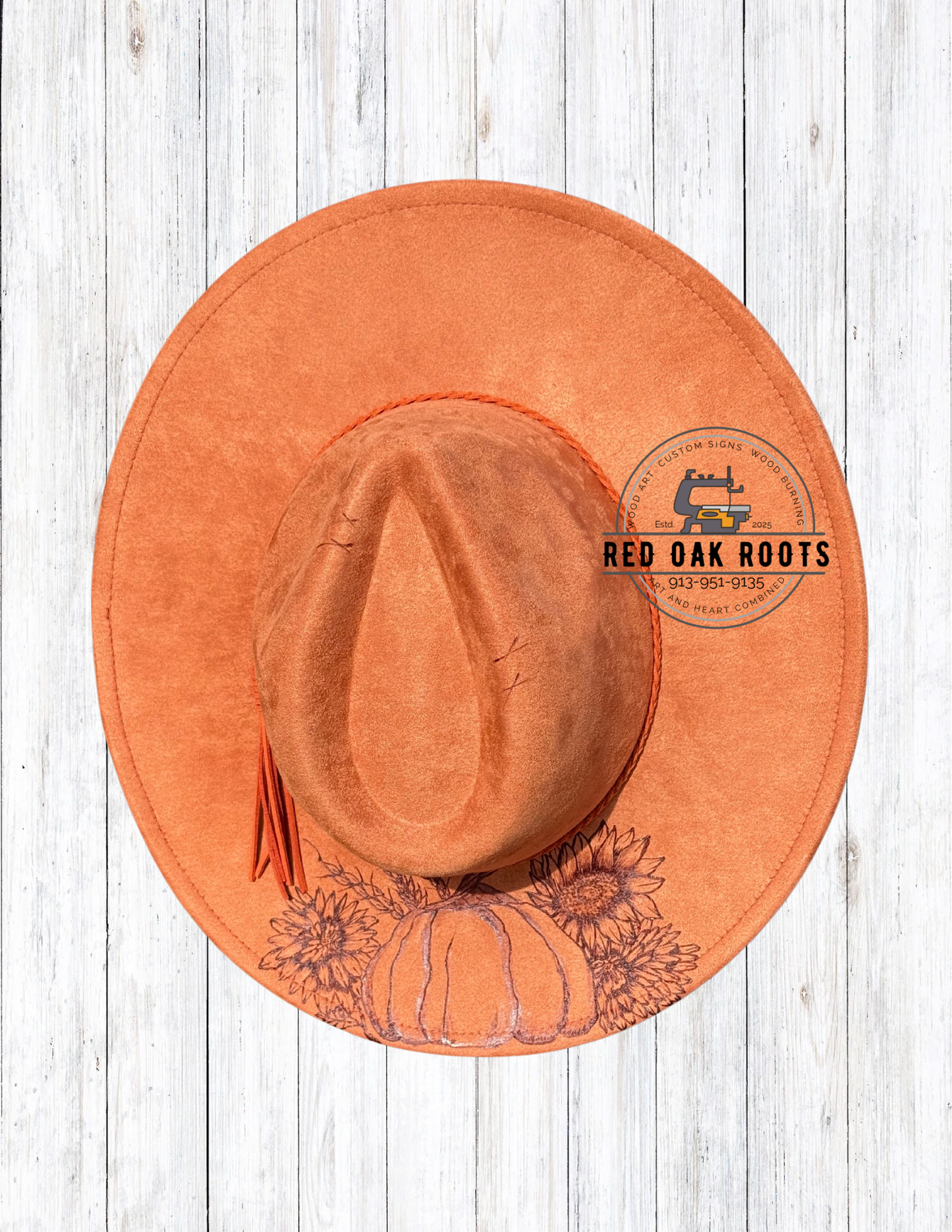 Pumpkin and floral hand-burned wide brim fedora