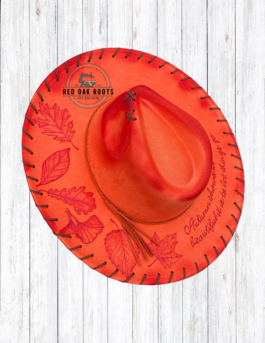 “Autumn Let-Go” Hand-Burned Wide Brim Fedora