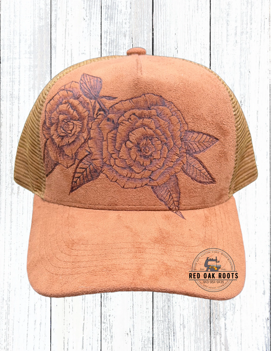 Rustic roses hand-burned SnapBack