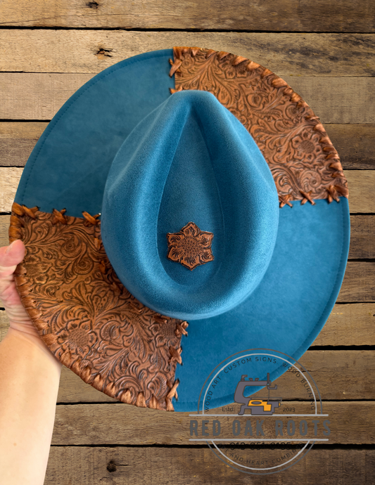 Faux tooled leather and lace wide brim Fedora