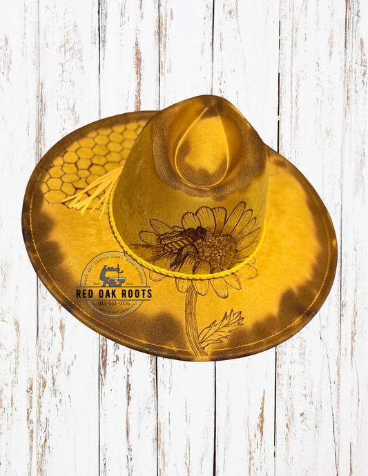 Honeybee and Daisy hand-burned, wide brim fedora
