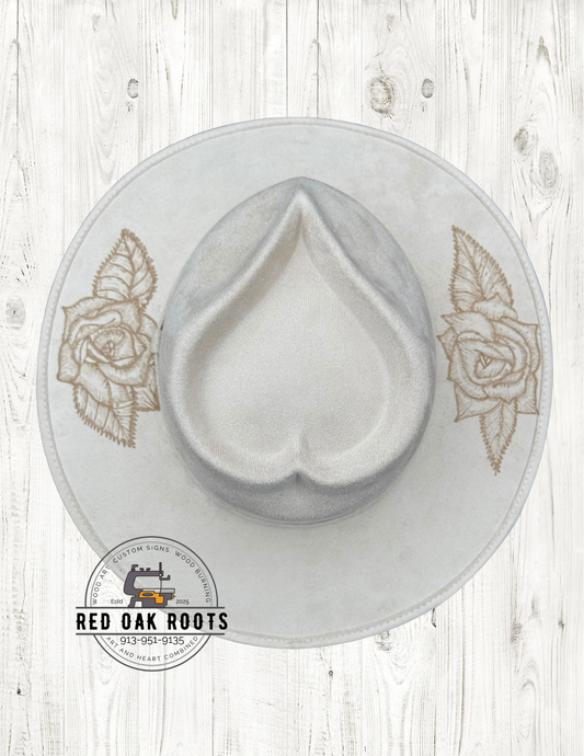 Elegant rose hand-burned, heart crown, wide brim fedora