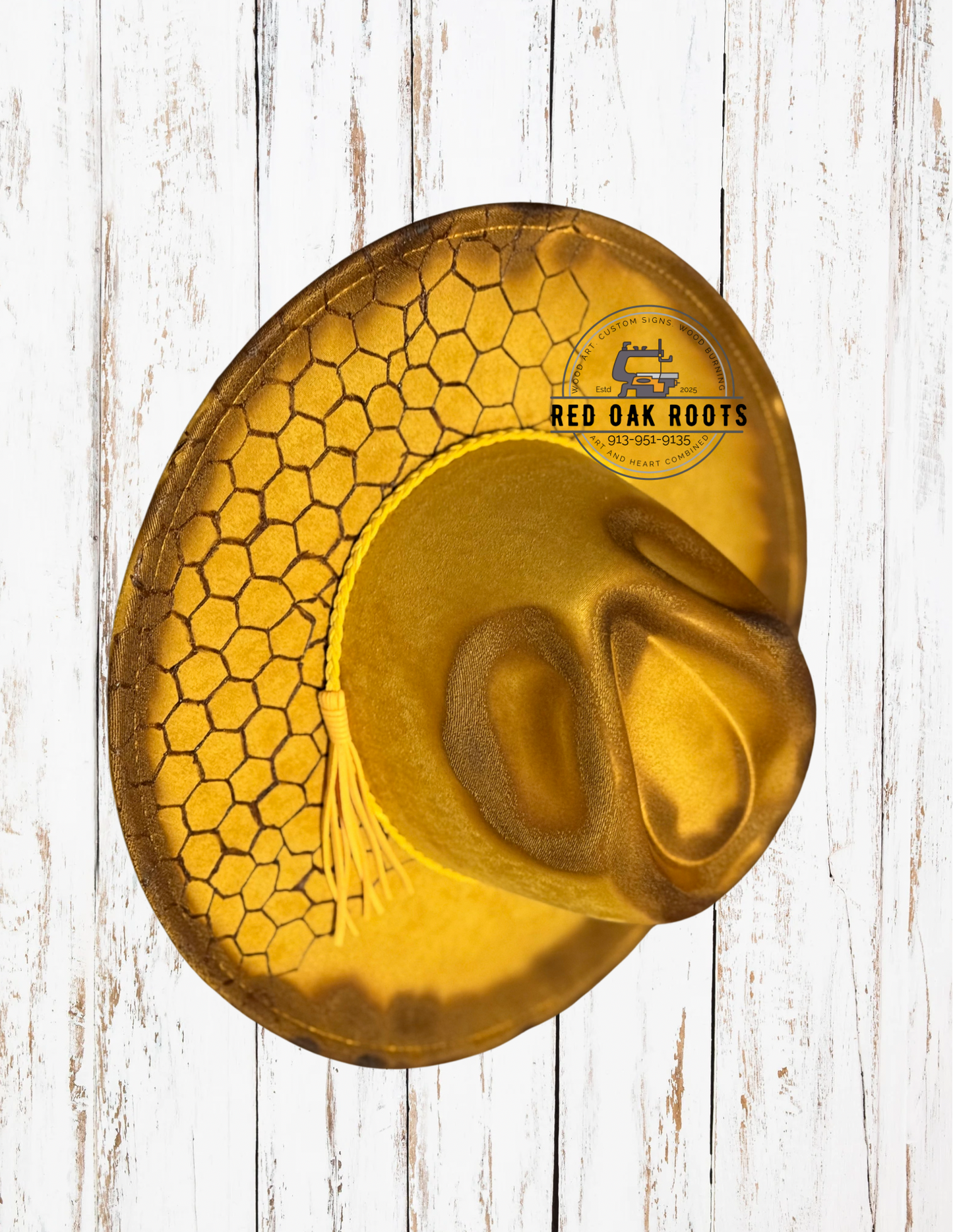 Honeybee and Daisy hand-burned, wide brim fedora