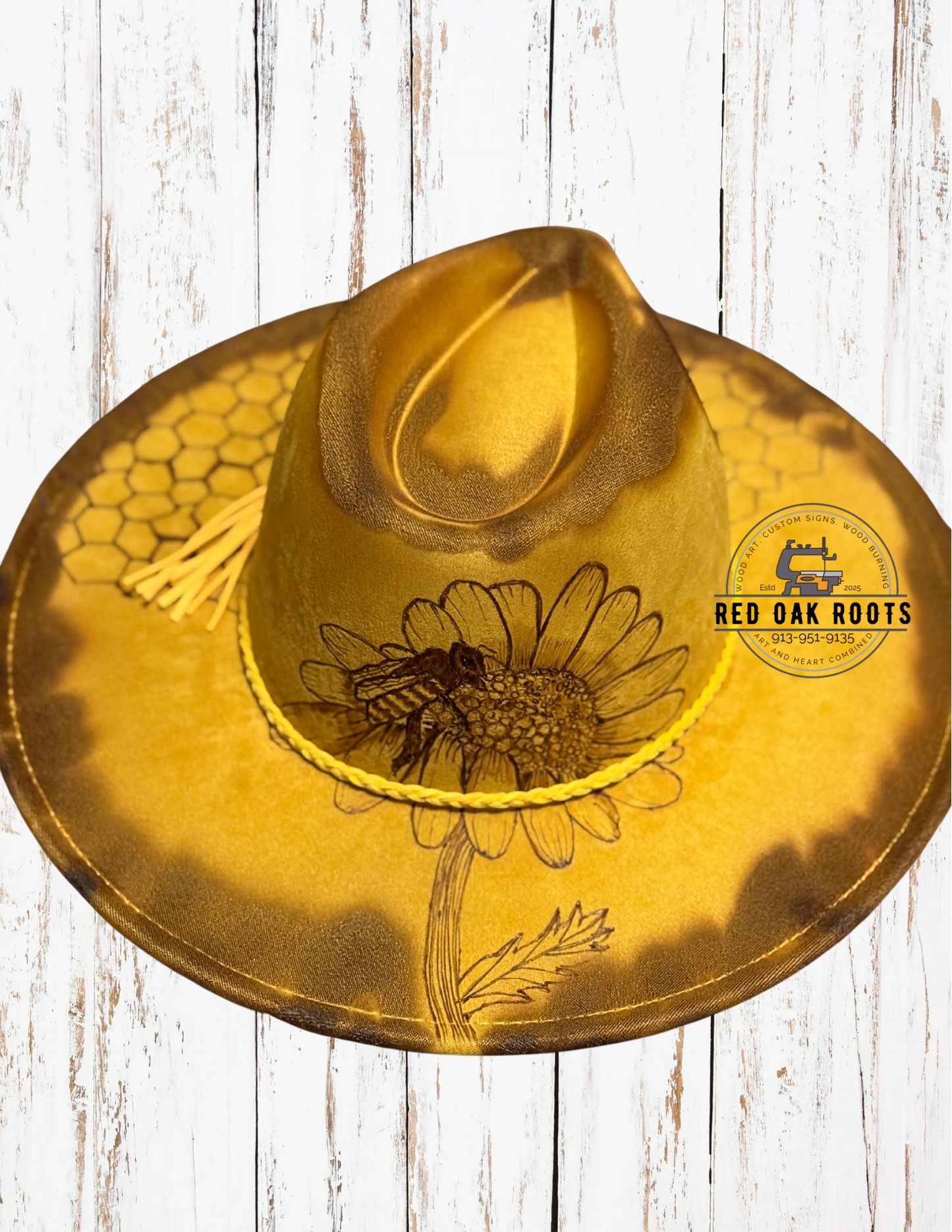 Honeybee and Daisy hand-burned, wide brim fedora