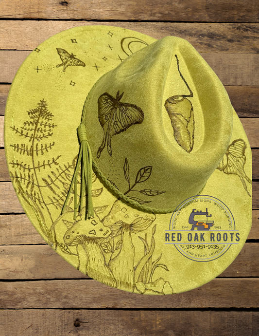Lunar Moth burned wide-brim Fedora