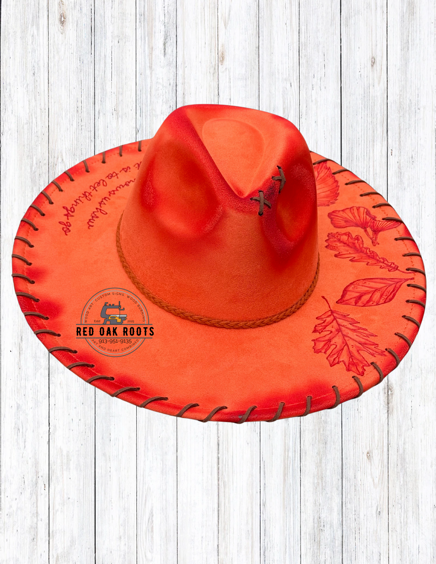 “Autumn Let-Go” Hand-Burned Wide Brim Fedora