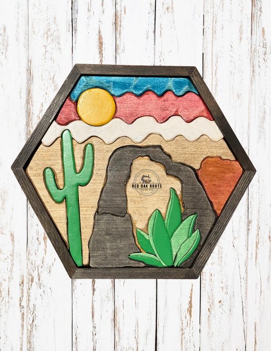 Intarsia desert wood wall art 12x14