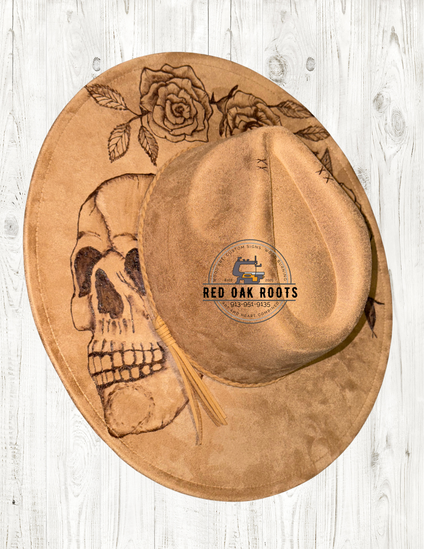 Skull and Roses hand-burned, wide brim fedora