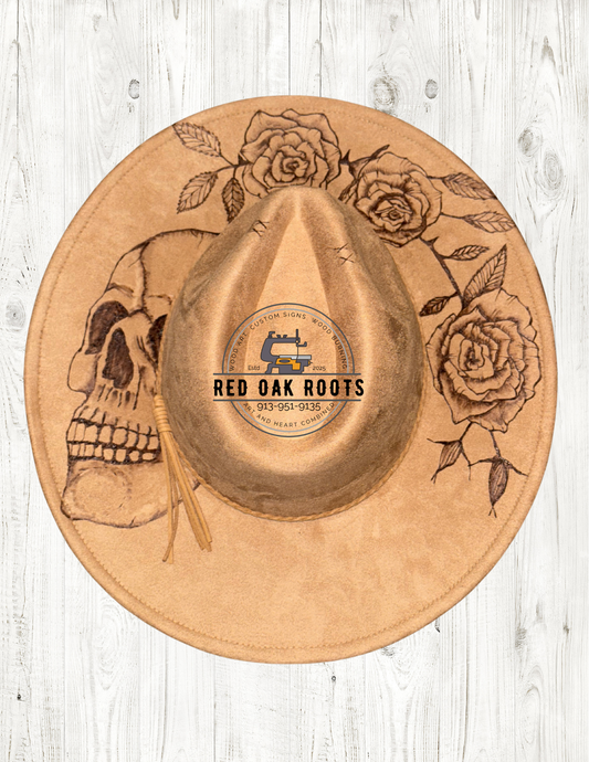 Skull and Roses hand-burned, wide brim fedora