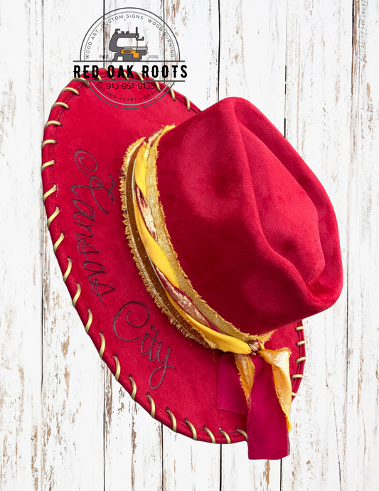 Kansas City Chiefs hand-burned, arrowhead crown, wide brim fedora – Red Oak Roots Exclusive