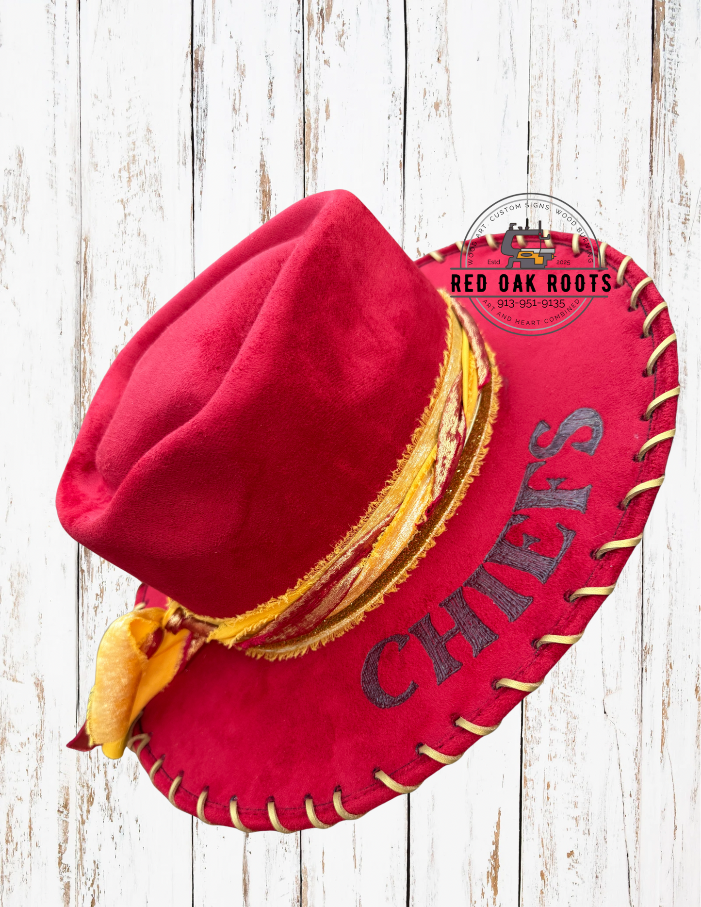 Kansas City Chiefs hand-burned, arrowhead crown, wide brim fedora – Red Oak Roots Exclusive