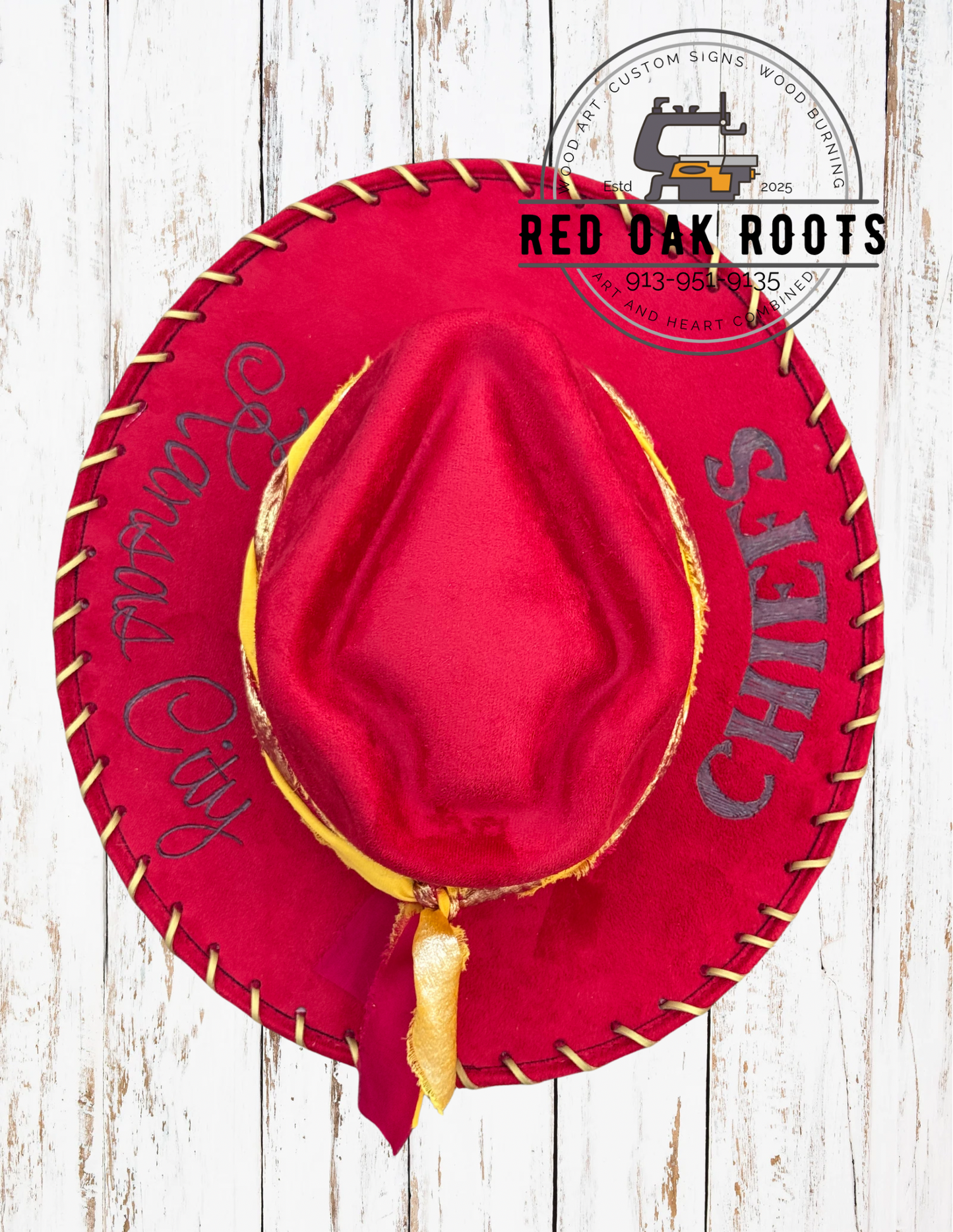 Kansas City Chiefs hand-burned, arrowhead crown, wide brim fedora – Red Oak Roots Exclusive