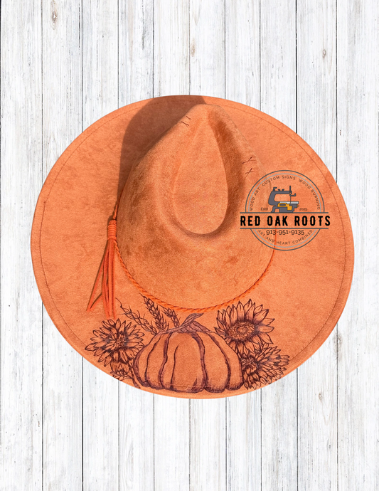Pumpkin and floral hand-burned wide brim fedora