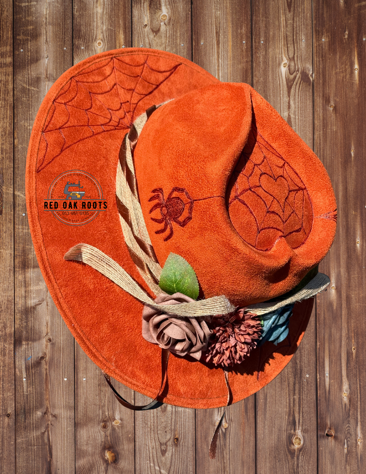 Spider hand-burned heart crown fedora