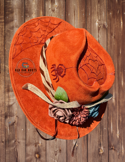 Spider hand-burned heart crown fedora