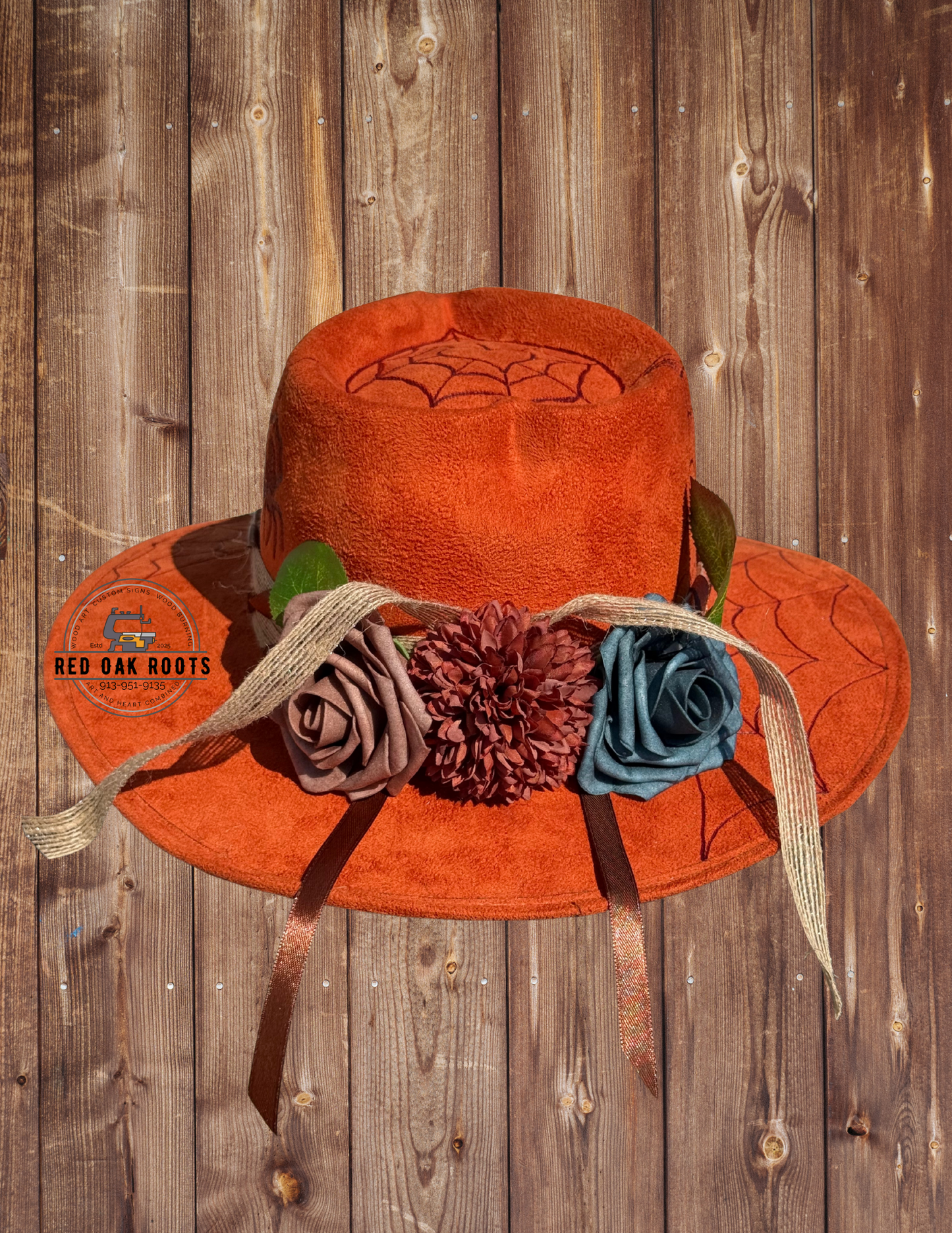 Spider hand-burned heart crown fedora