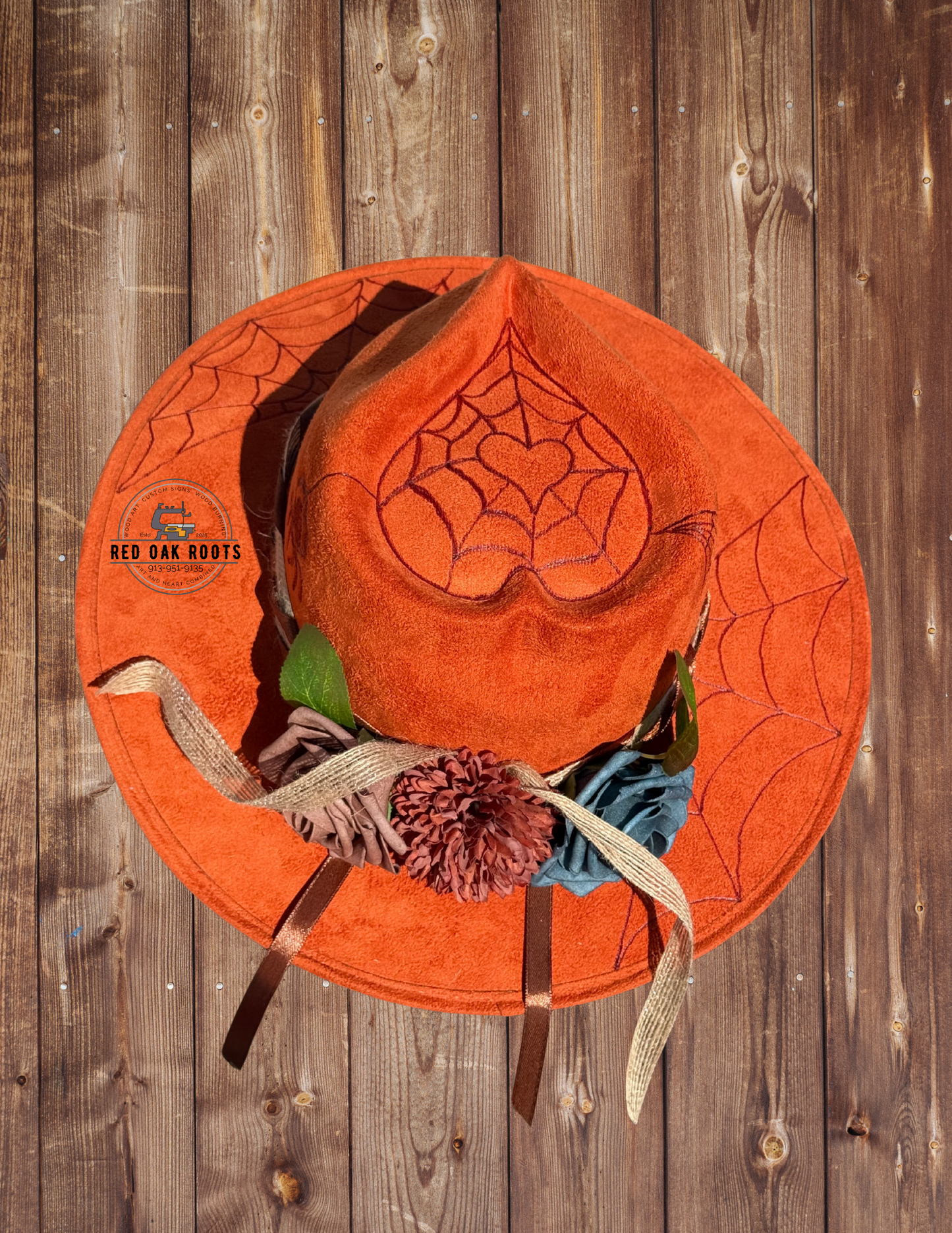 Spider hand-burned heart crown fedora