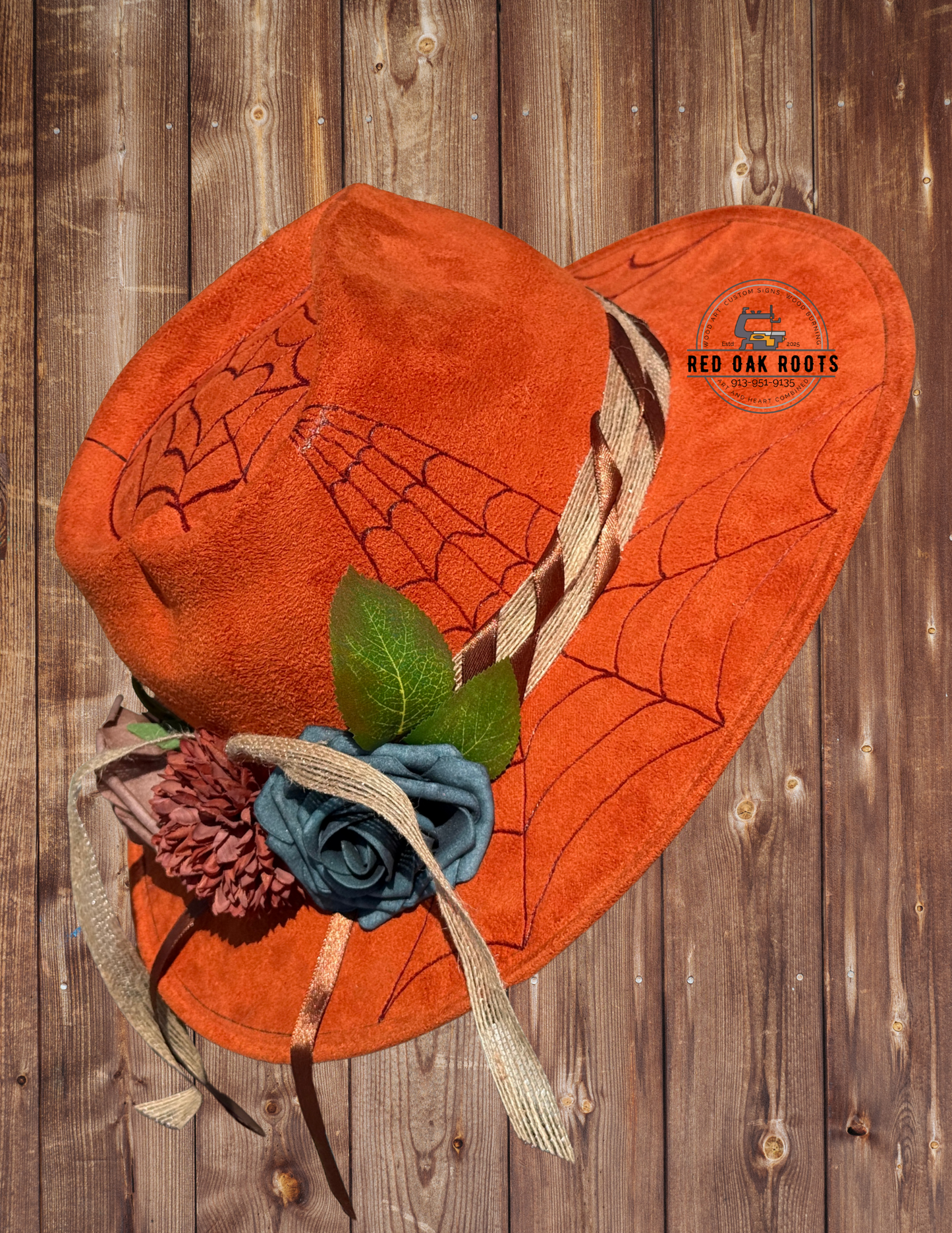 Spider hand-burned heart crown fedora